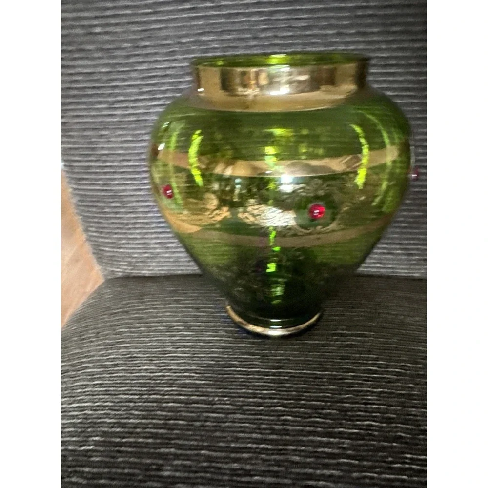 Antique Bohemian Green Glass Vase Gold‎ Gilt & Red Cabochon Jeweled Art Glass 8